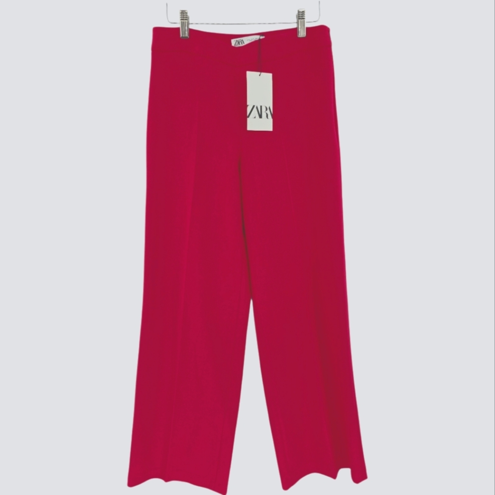 ZARA NWT Side Zip Trouser Flat Front Size Small Wide Leg Pink Stretch Retail $69